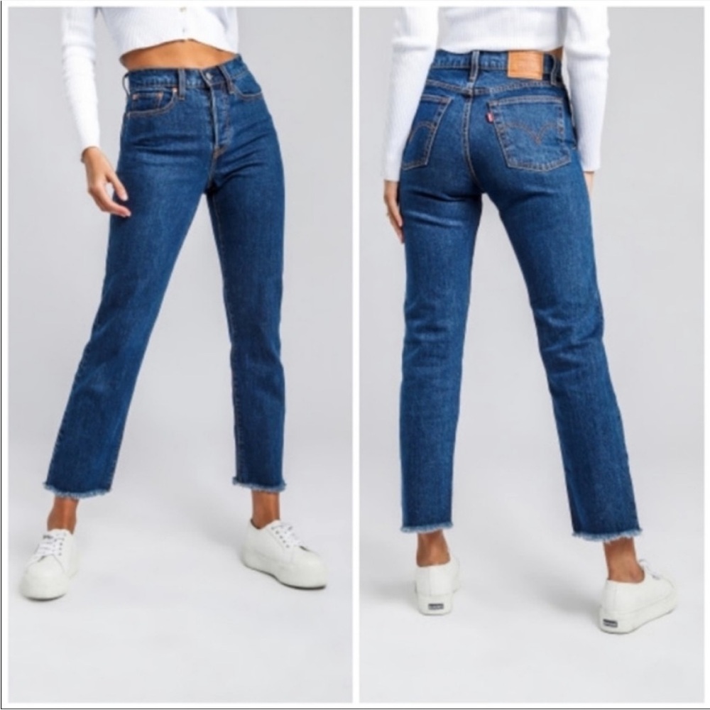 Levi’s Premium Wedgie Straight Button Fly High Rise Raw Hem Crop Denim Jeans